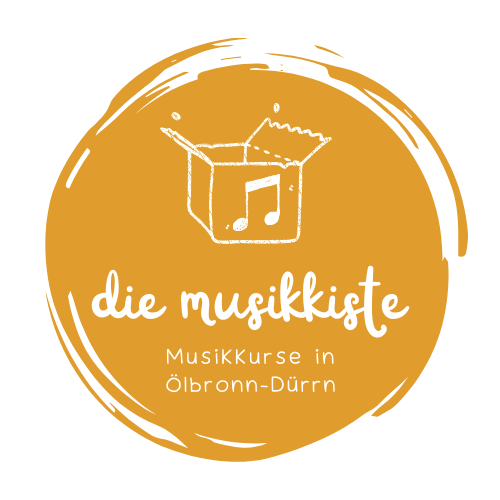 Das Logo der Musikkiste mit weißer Schrift auf senfgelbem Hintergrund